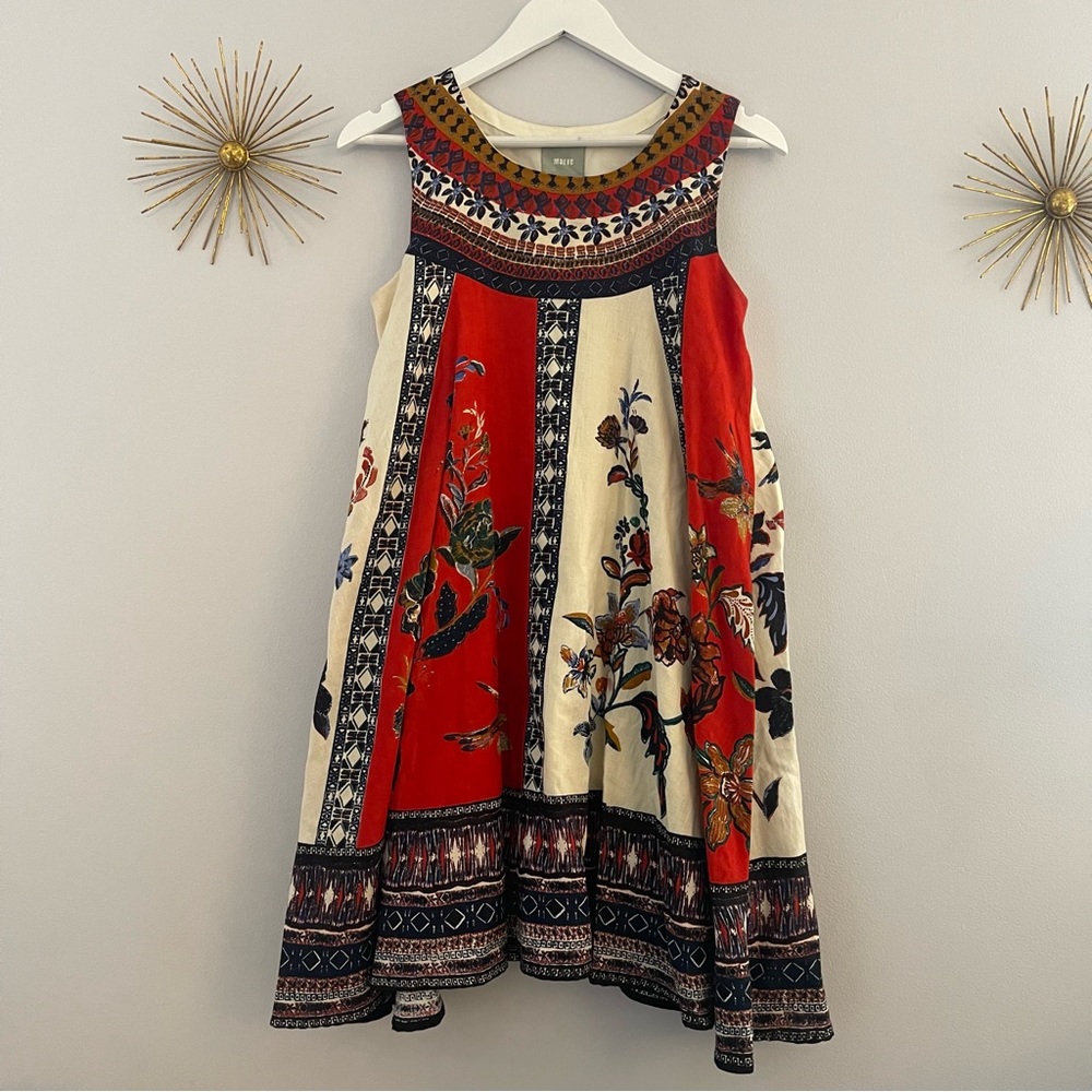 Red Blue Anthro Maeve Cotton Flax Trapeze Paisley Dress S - Picture 2 of 12